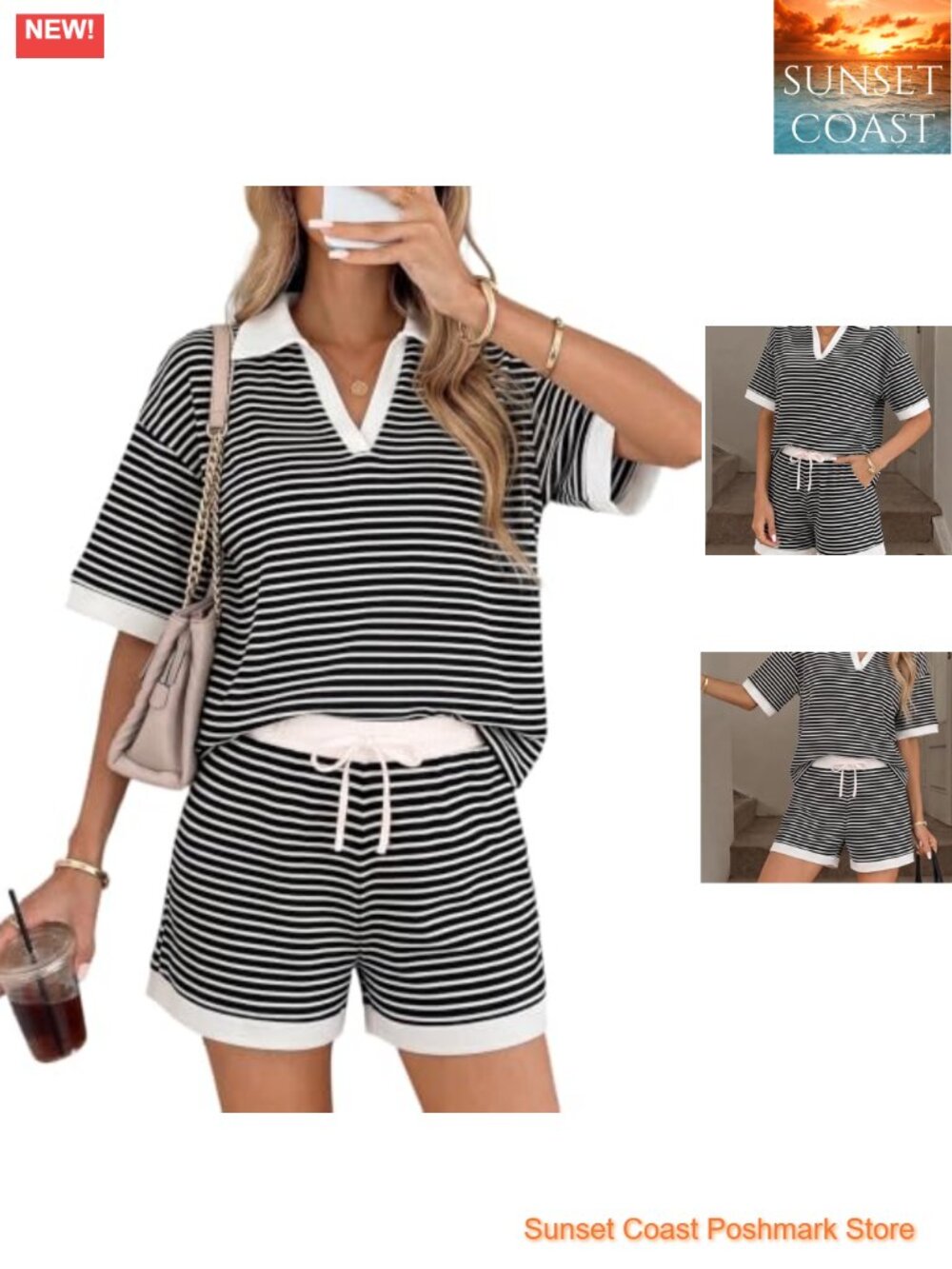 Waffle Knit 2 Piece Shorts Set Collared 3/4 Sleeve Top & Shorts Casual